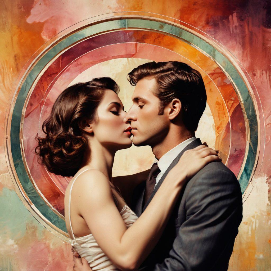 A dramatic juxtaposition of a vintage film reel blending into a dreamy, abstract painting of a couple in an intimate embrace, surrounded by soft, swirling colors that evoke passion and allure. The background features subtle imagery of iconic adult film symbols, harmonized into an artistic expression of sensuality. The overall mood is both nostalgic and contemporary, capturing the essence of adult films and their emotional depth. surreal art. warm tones. soft focus.