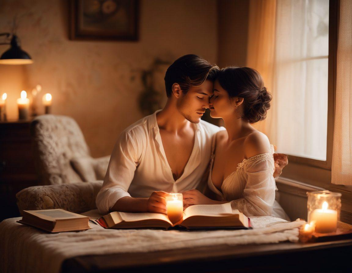 A captivating blend of soft, warm lighting illuminating a tastefully arranged intimate setting featuring vintage books, artful photography, and elegant decor. Subtle hints of sensuality are portrayed through delicate fabrics and muted colors, evoking a sense of allure without being explicit. A silhouette of a couple sharing an affectionate moment adds a romantic touch, creating an inviting ambiance. Explore themes of intimacy and passion with an artistic flair. super-realistic. warm tones. soft focus.